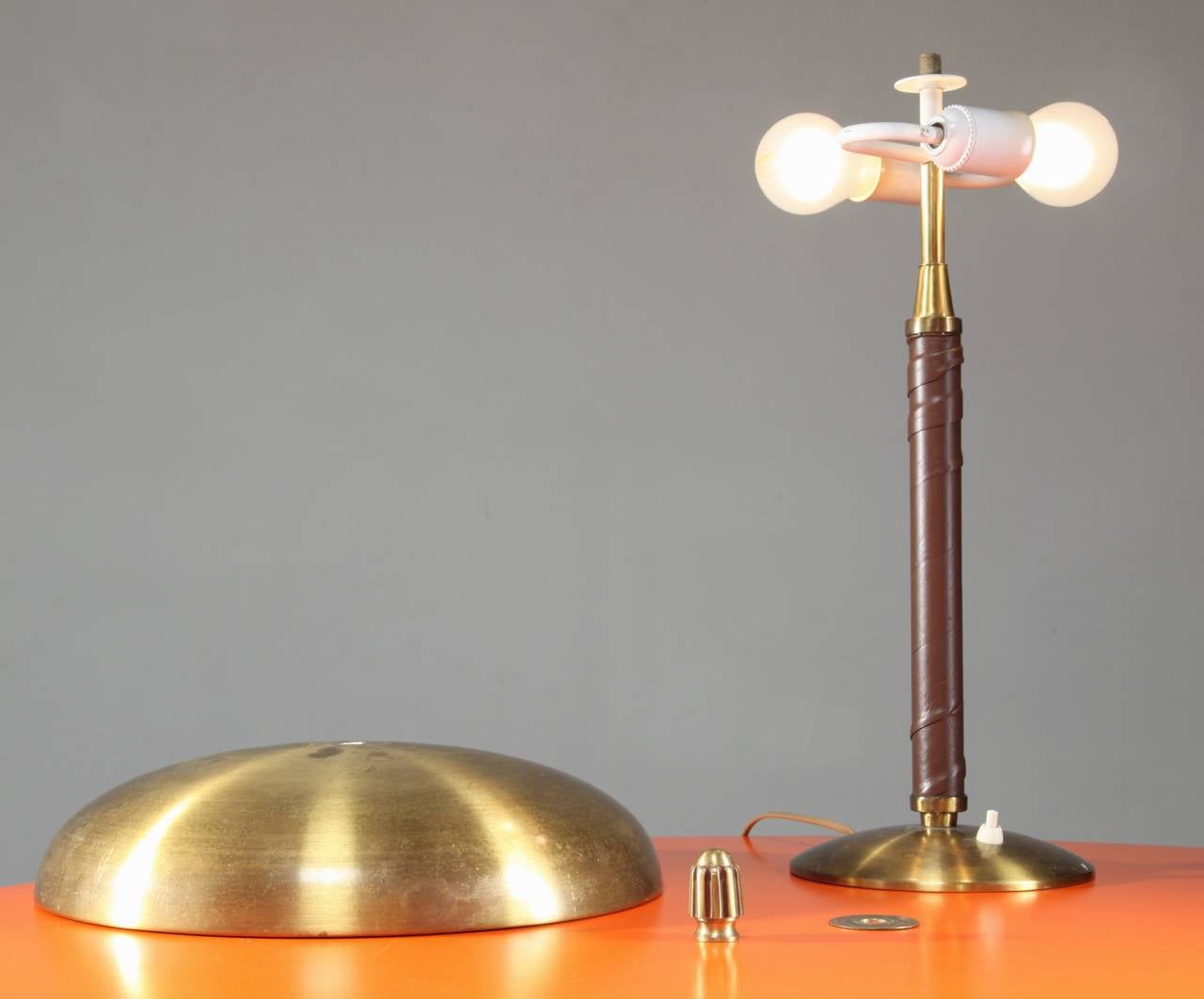 Mid-20th Century Einar Backstrom Brass and Leather Table Lamp, Sweden, 1930s For Sale