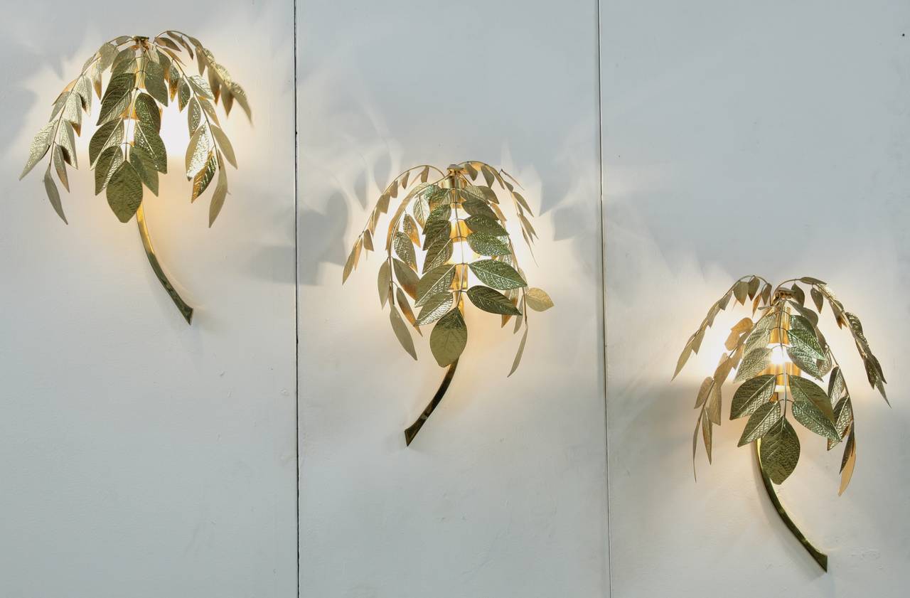 Mid-Century Modern Set of Three Large Brass 'Branch with Leaves' Wall Appliques