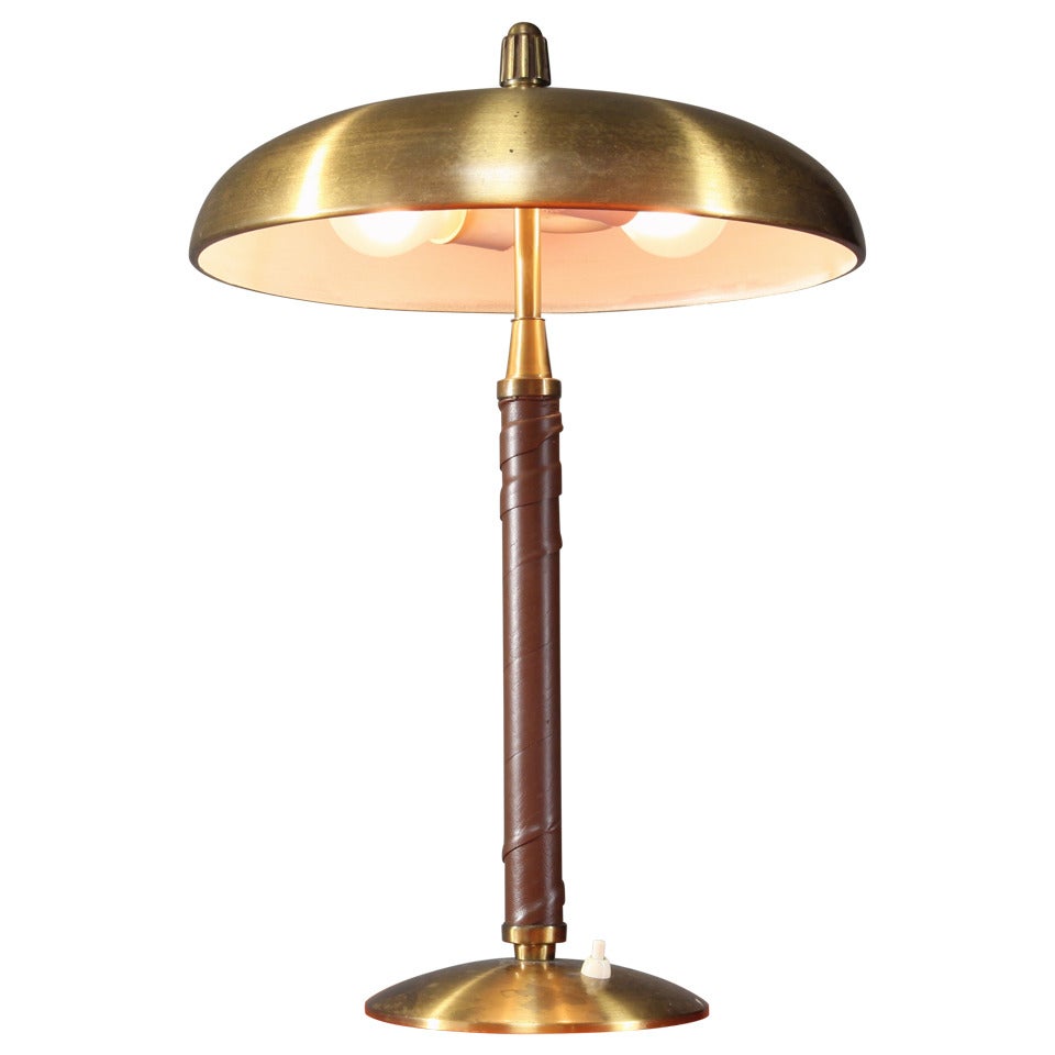 Einar Backstrom Brass and Leather Table Lamp, Sweden, 1930s