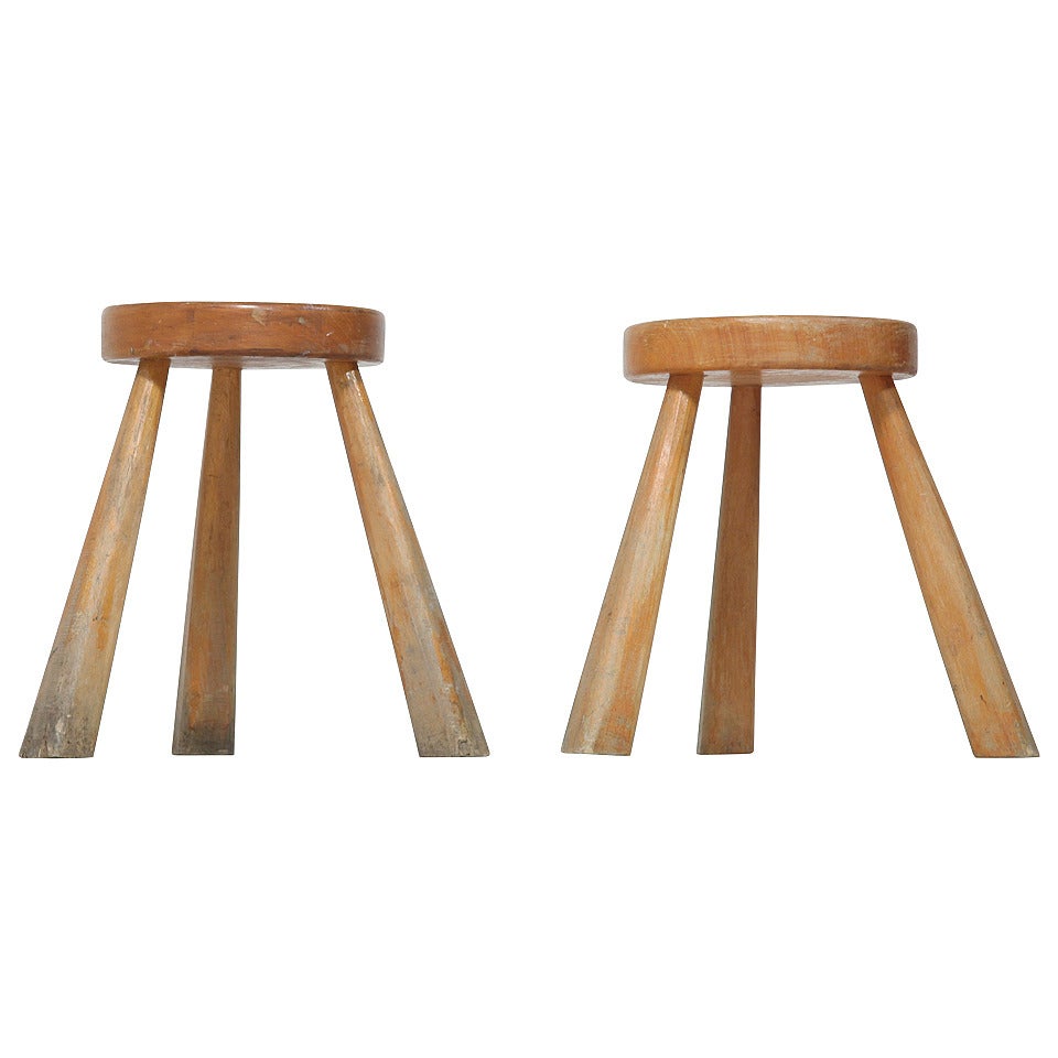 Rare Pair of Medium High Perriand Stools from Les Arcs For Sale