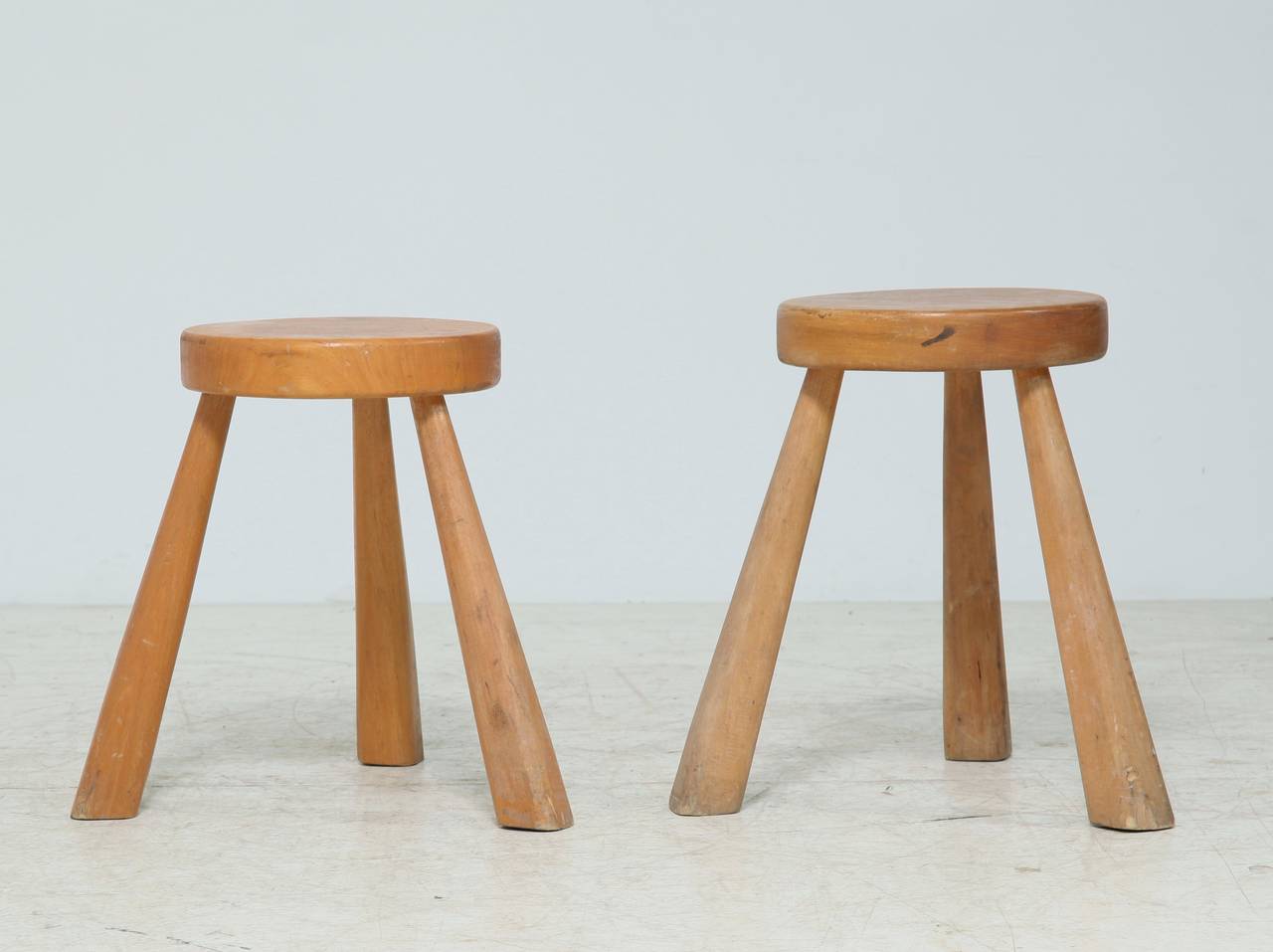 French Rare Pair of Medium High Perriand Stools from Les Arcs For Sale