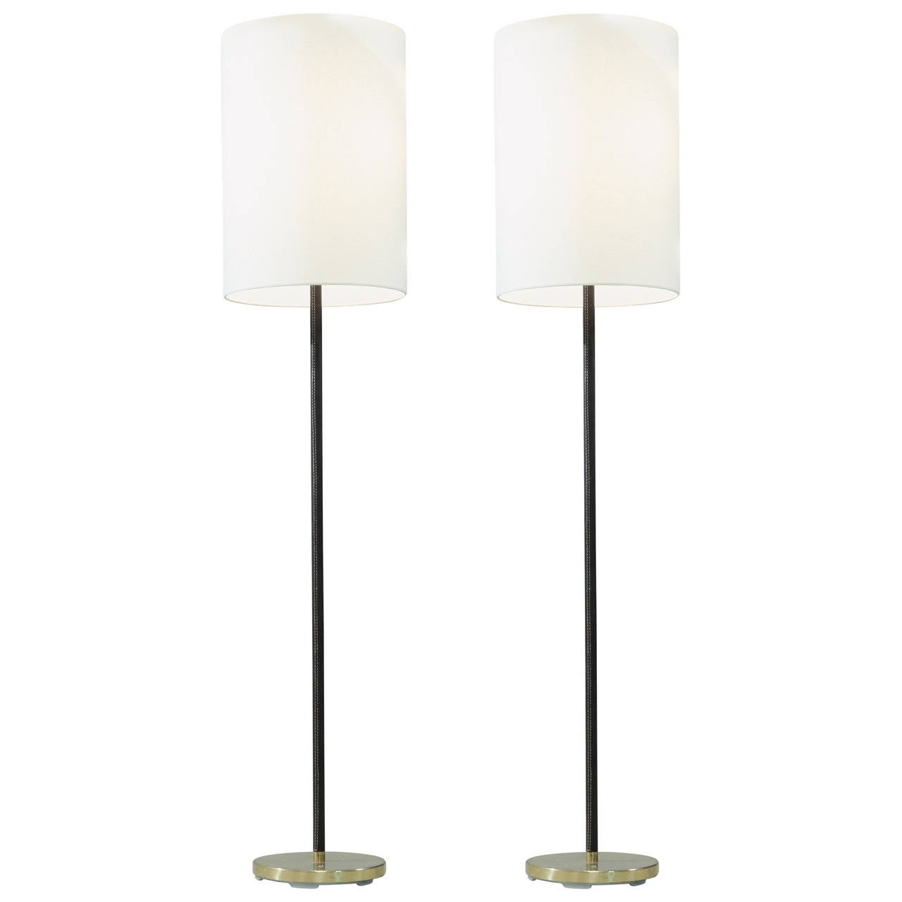 Pair of Minimal Floor Lamps with Leather Stem and Long Shade, Kalmar