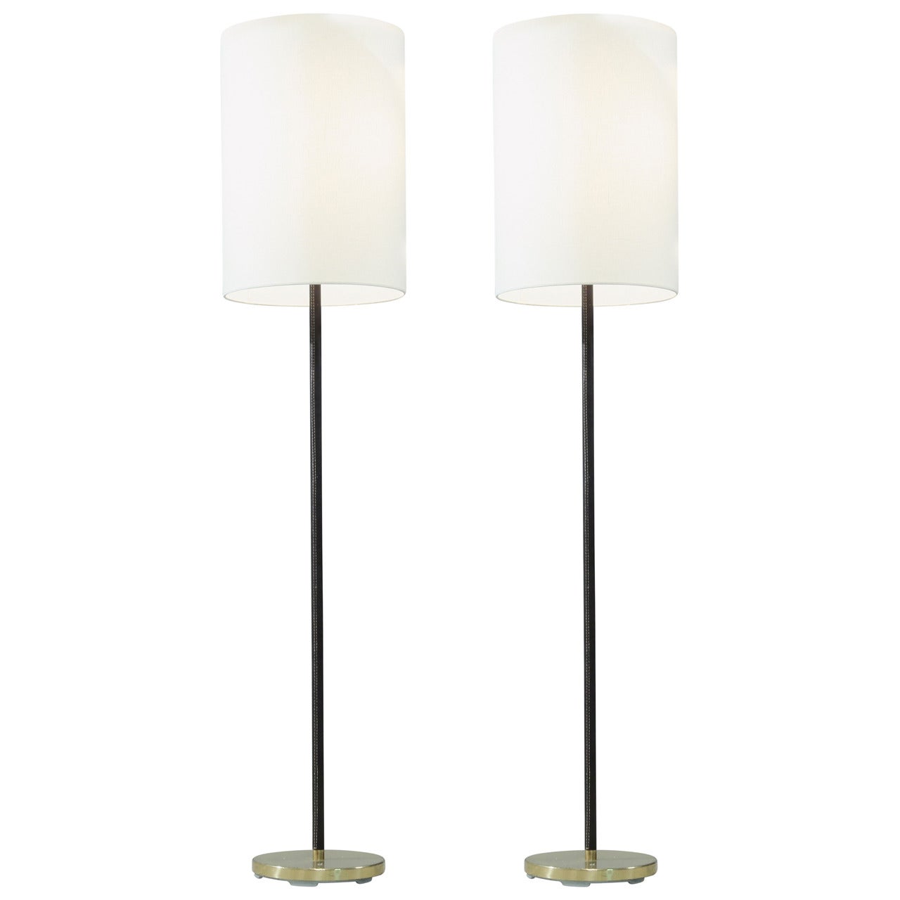 Pair of Minimal Floor Lamps with Leather Stem and Long Shade, Kalmar, Austria