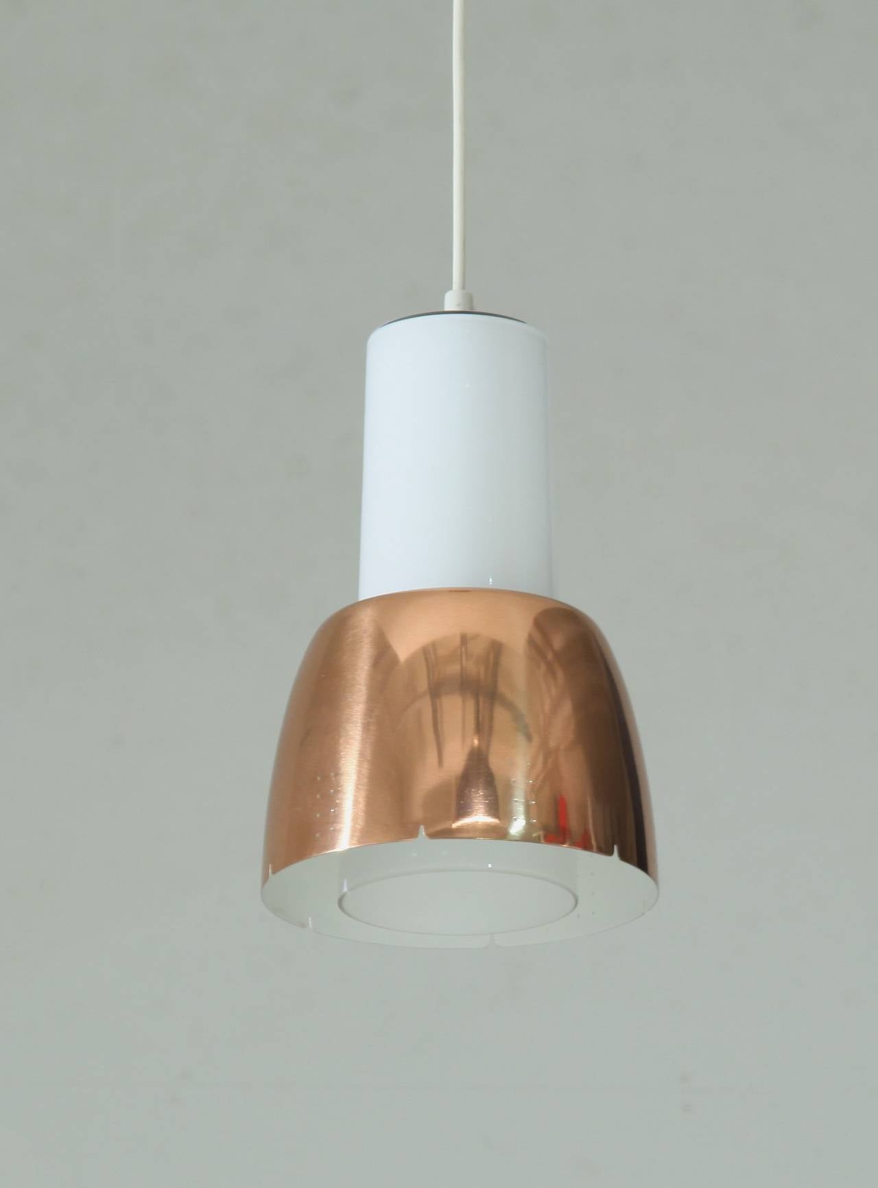 Scandinavian Modern Paavo Tynell K2-16 Copper and Opaline Glass Pendant, Idman, Finland, 1950s For Sale