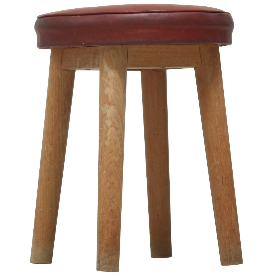1940s wooden four legged stool, red naugahyde seat