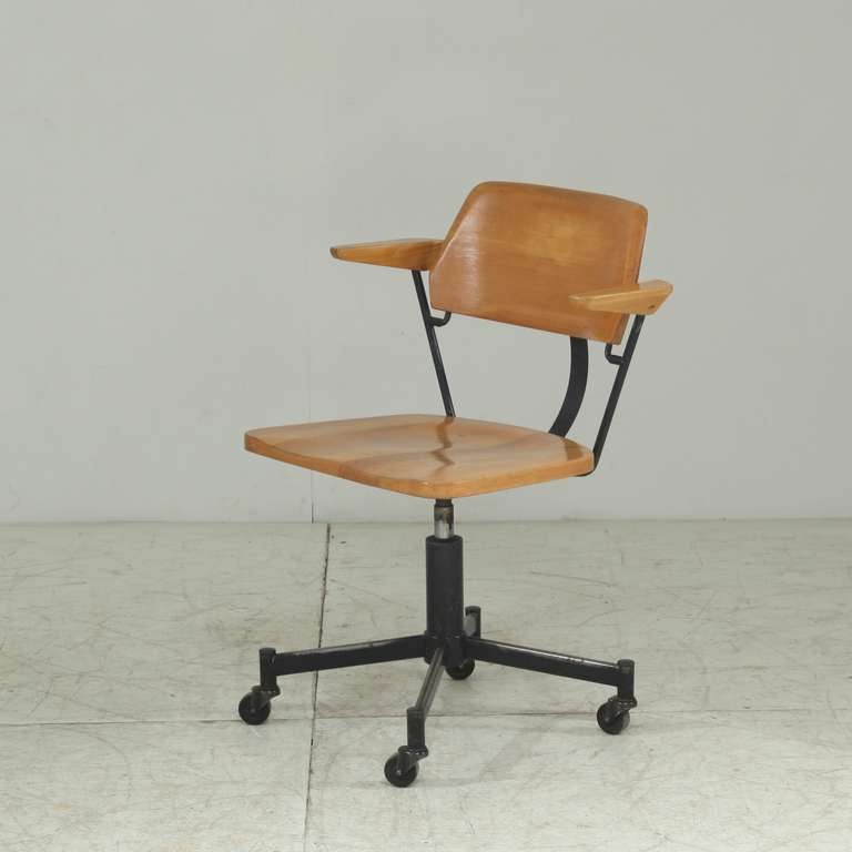 Mid-Century Modern Desk Chair on Wheels with Solid Wooden Carved Out Seat