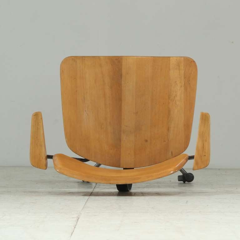 Dutch Desk Chair on Wheels with Solid Wooden Carved Out Seat