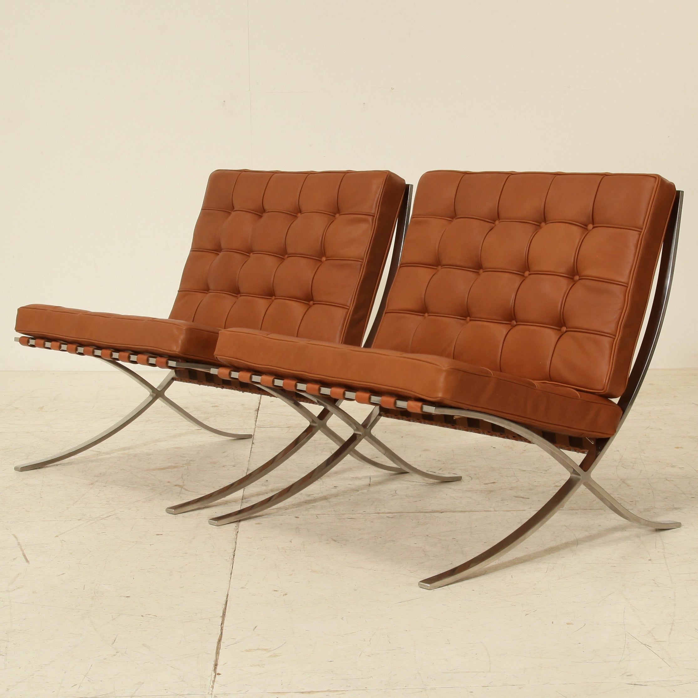 Pair original Barcelona chairs, 1st Knoll edition, 1950s For Sale at