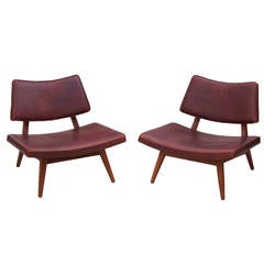 Rare Jens Risom Walnut Slipper Lounge Chairs in Leather
