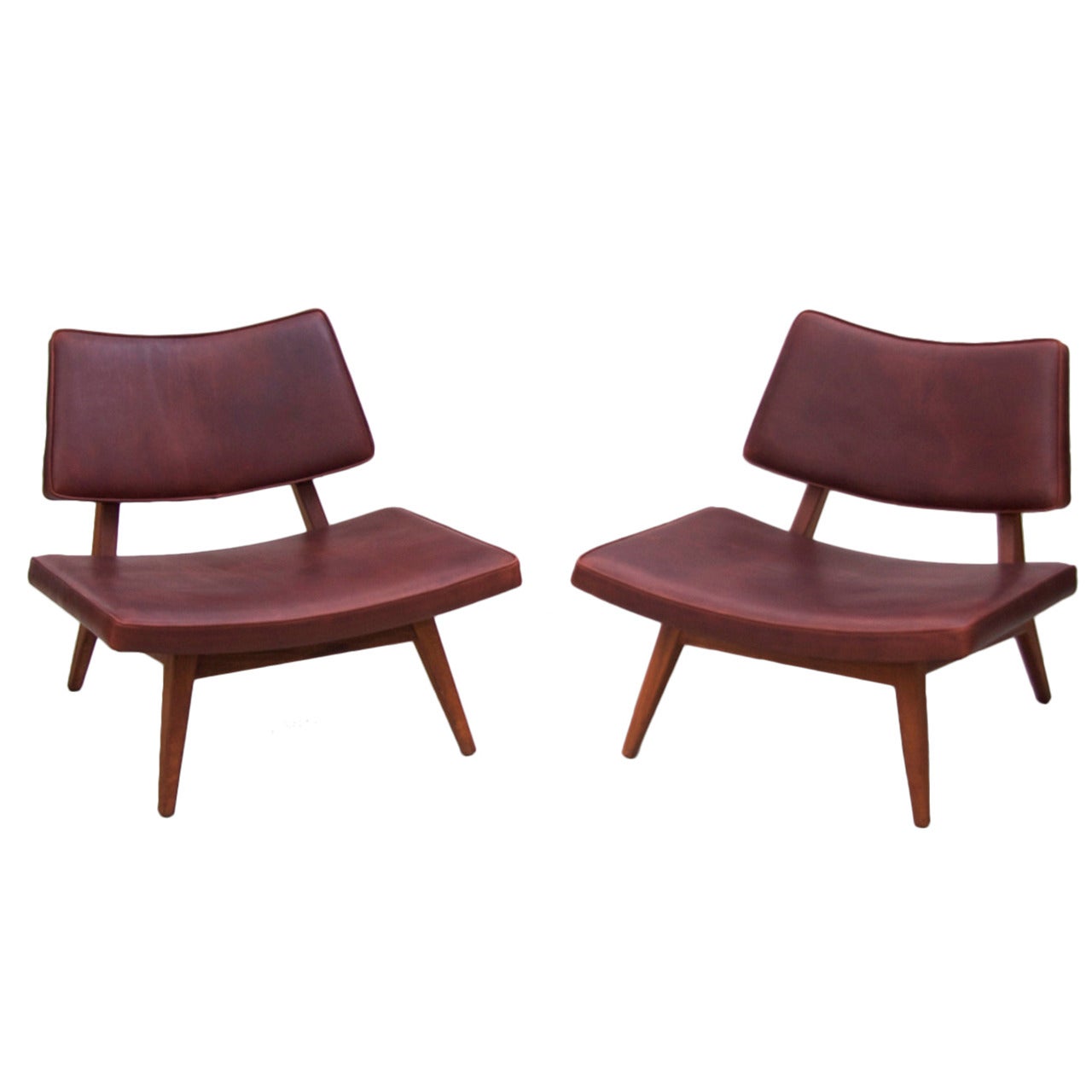 Rare Jens Risom Walnut Slipper Lounge Chairs in Leather