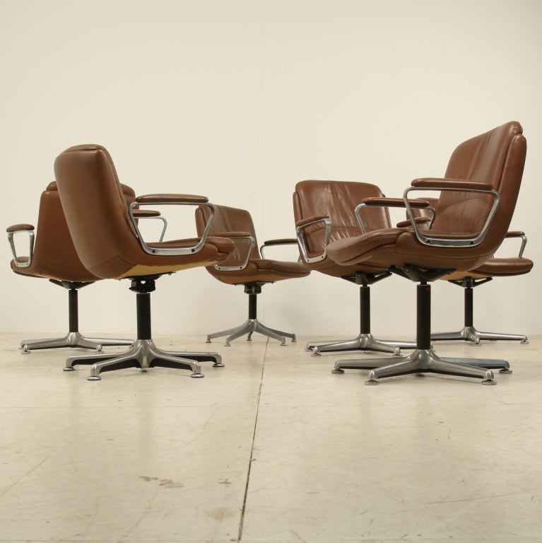 Late 20th Century Set of six browm leather conference chairs - Strassle style