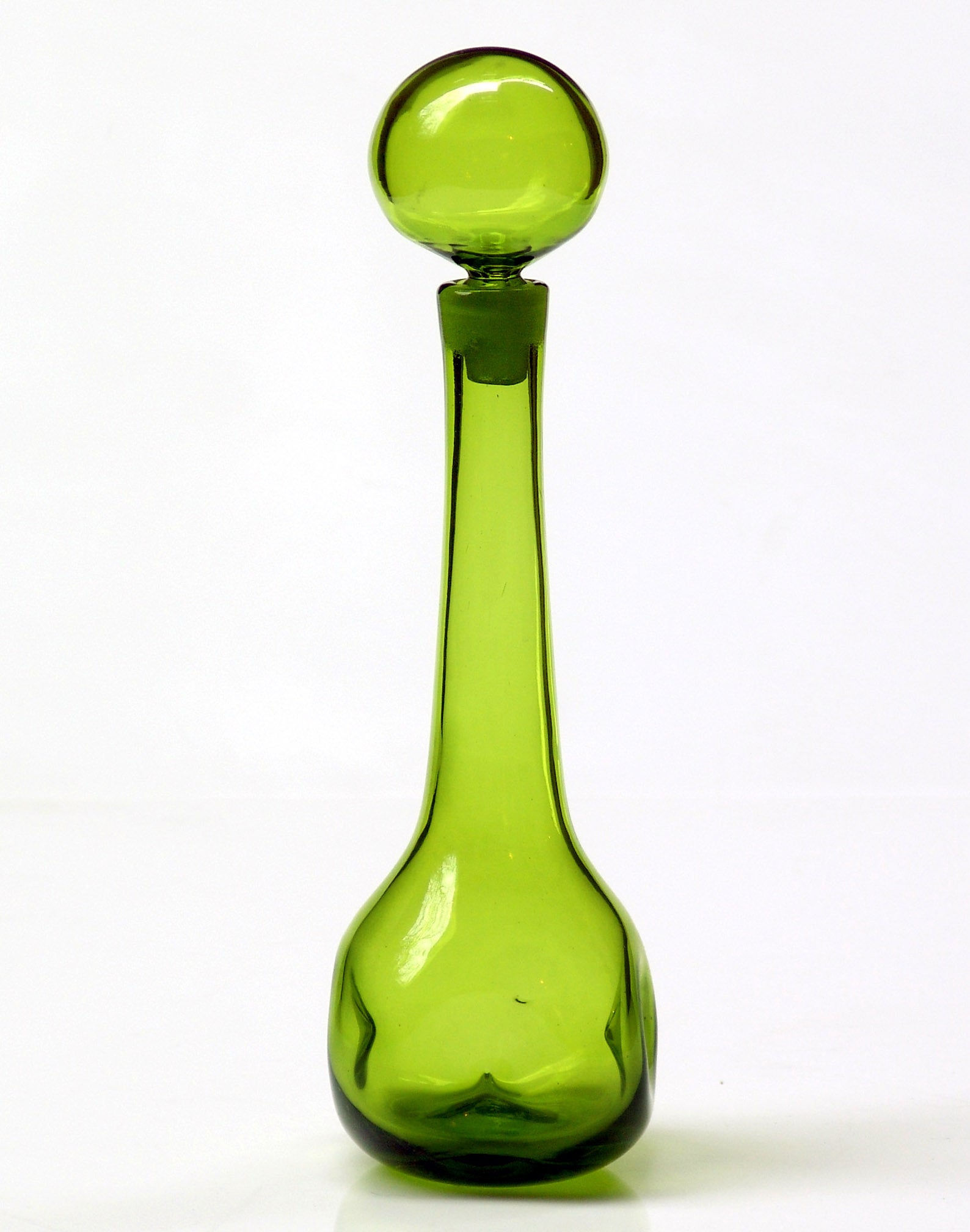 1963 Olive Green decanter by Wayne Husted for the Blenko Glass Co. For Sale