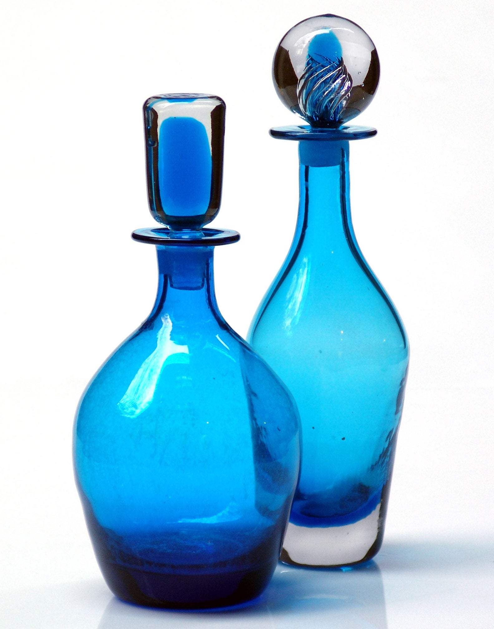 Pair of Turquoise Sommerso Stopper Decanters by The Blenko Glass Co. For Sale