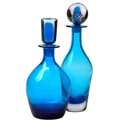 Retro Pair of Turquoise Sommerso Stopper Decanters by The Blenko Glass Co.