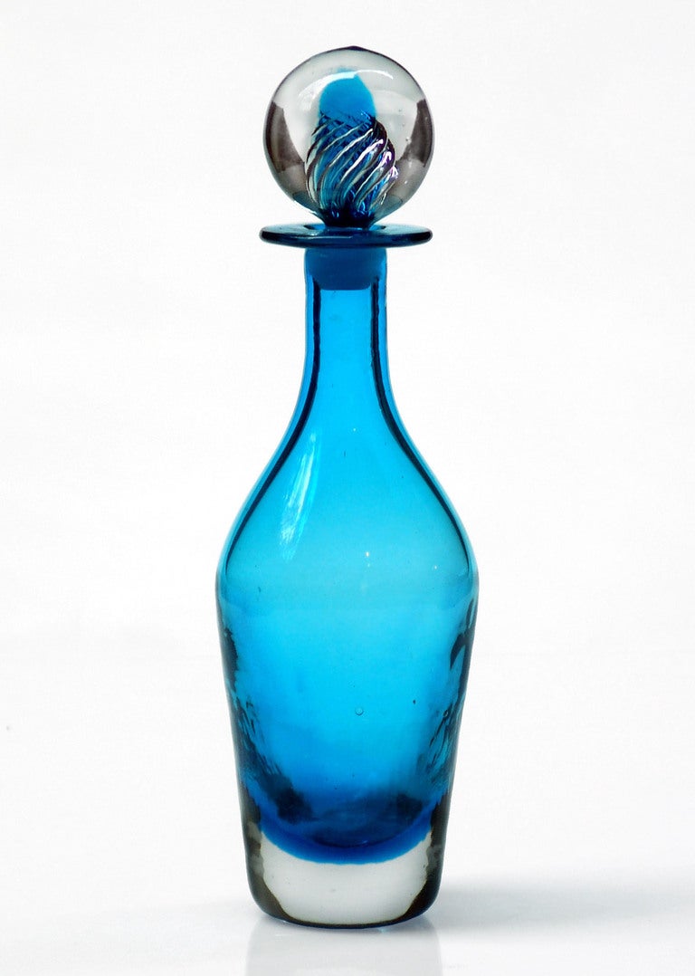 Mid-Century Modern Pair of Turquoise Sommerso Stopper Decanters by The Blenko Glass Co. For Sale