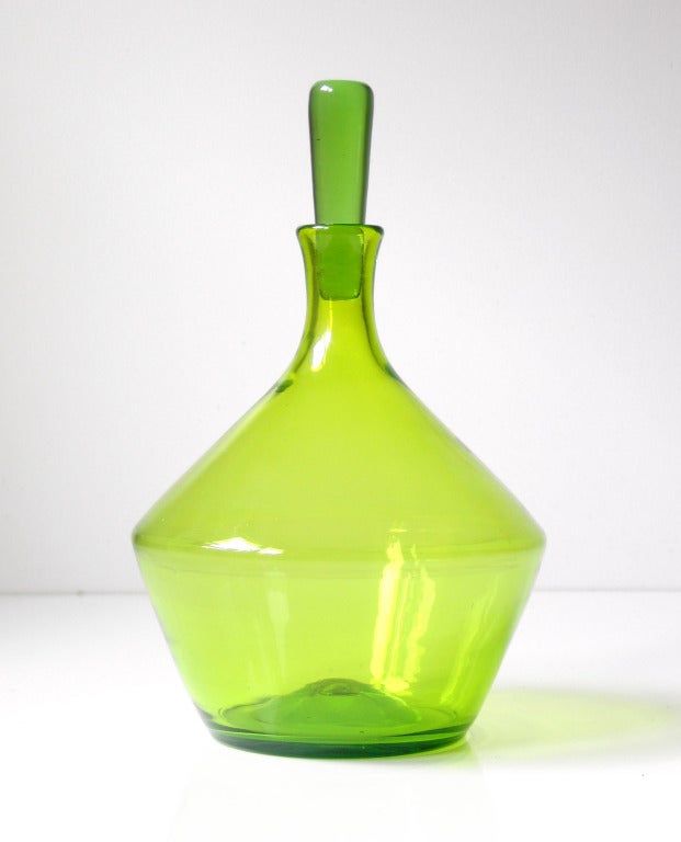 _____
(Items shown in groupings are also available individually, please email to inquire.)

LEFT: Geometric form decanter with tapered cylindrical stopper, designed by Joel Philip Myers for Blenko. Design #6413 in Olive green, designed in 1950,