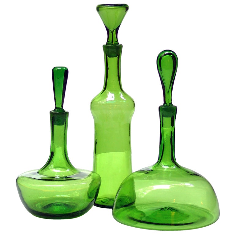 Trio of 1960's Olive Green decanter by Joel Myers for Blenko For Sale