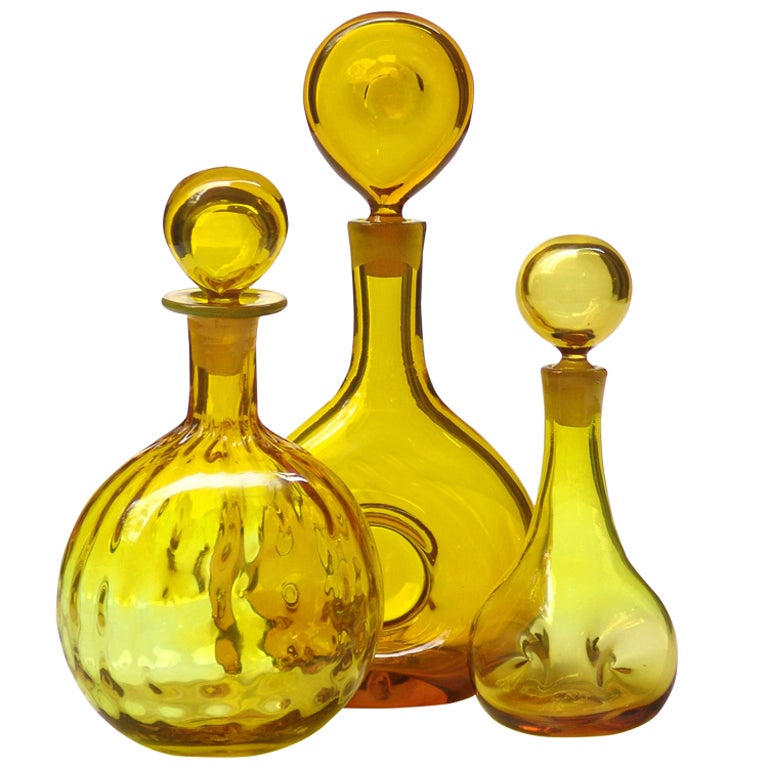 Trio of Yellow 1960's decanters by the Blenko Glass Company For Sale