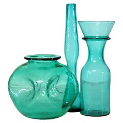 Trio of vintage glass vases in Sea Green by the Blenko Glass Co.