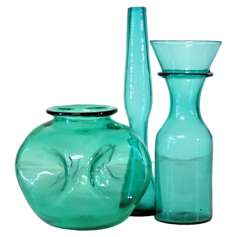 Trio of vintage glass vases in Sea Green by the Blenko Glass Co. For Sale