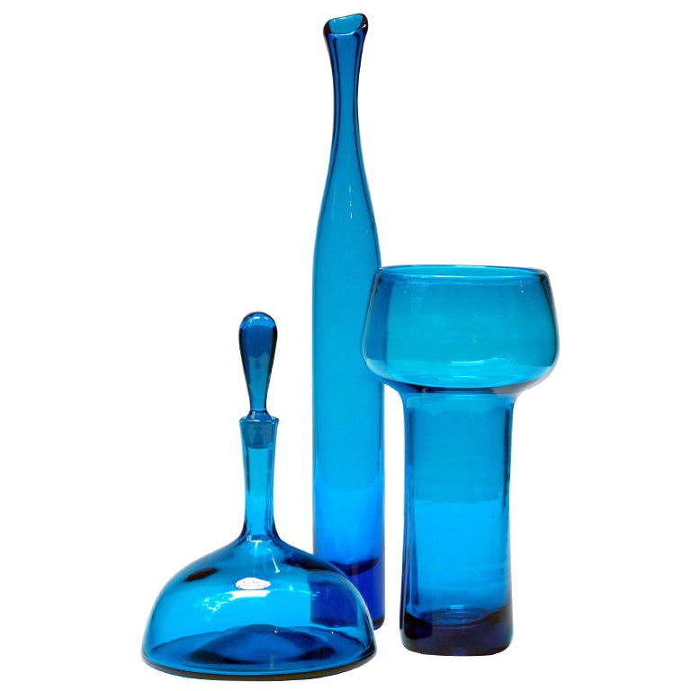 A trio of vintage Blenko glass designs in Turquoise. For Sale