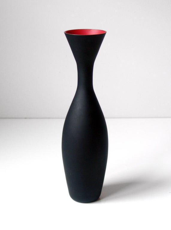 _____<br />
(Items shown in groupings are also available individually, please email to inquire.)<br />
An exceptional and rare pair of Satinato (matte finish) opaque black cased glass vases with contrasting color interiors. Designed by Carlo Nason