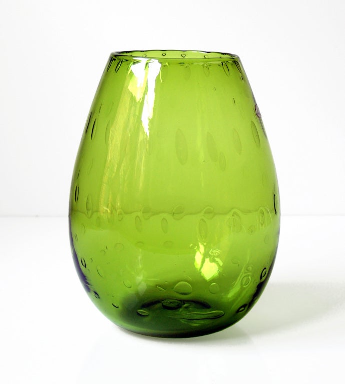 Large rounded teardrop form vase, designed by Joel Philip Myers in 1967, made for 2 years only. From the important series of 10 designs exploring the controlled bubble technique. 
Design #6742 in Turquoise, pictured in the 1967 catalog.
Retains