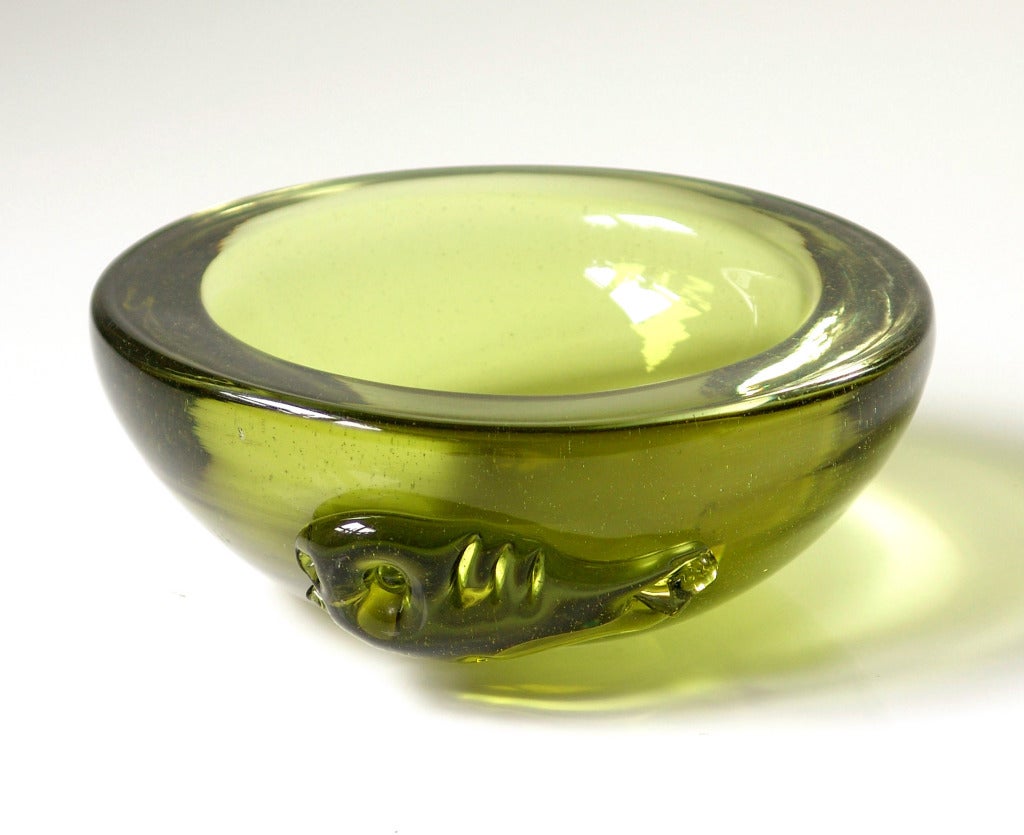 _____

Thick walled sommerso bowl with fish figure applied to side, designed by Wayne Husted in 1954, made for 1 year only. Very rare.

Design #545 in Chartreuse, pictured in the 1954 catalog on page seventeen