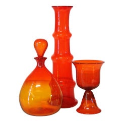 Grouping of Three Vintage Tangerine Orange Blenko Glass Designs