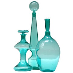 Retro Trio Sea Green decanters by Wayne Husted for Blenko, 1960's