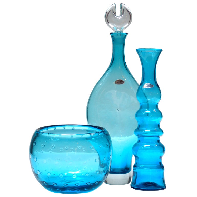 Trio of blue vintage Blenko glass decanters For Sale