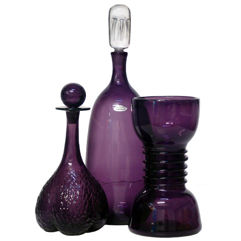 Trio of Plum colored Joel Myers designs for the Blenko Glass Co. For Sale