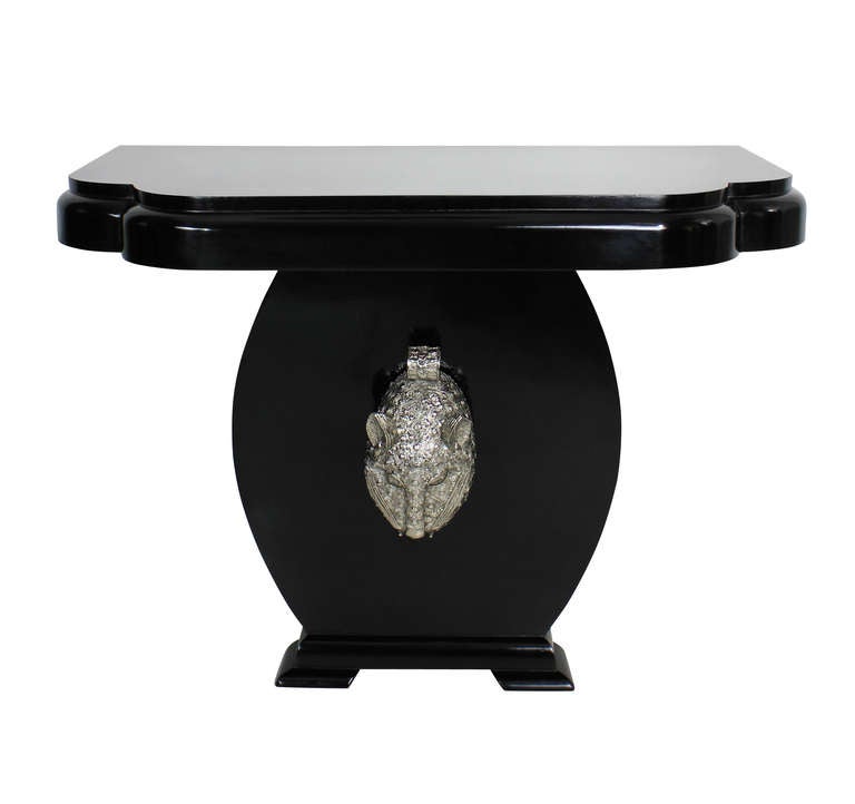English A Pair Of Large Black Lacquered Art Deco Consoles With Life Size Silver Leopard Heads
