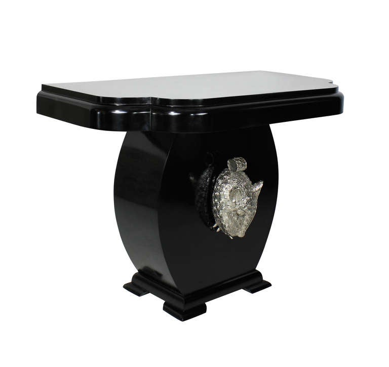 A Pair Of Large Black Lacquered Art Deco Consoles With Life Size Silver Leopard Heads In Excellent Condition In Kent, Dover