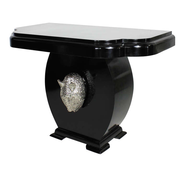 A Pair Of Large Black Lacquered Art Deco Consoles With Life Size Silver Leopard Heads 1