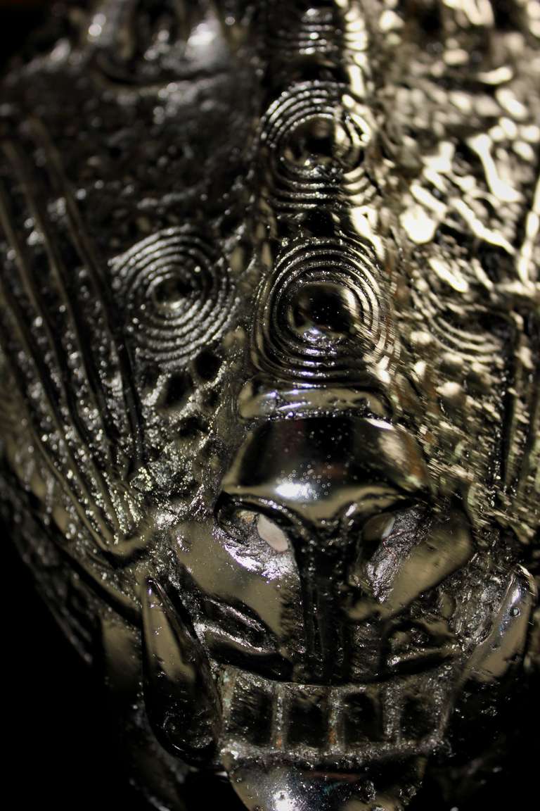 A Pair Of Large Black Lacquered Art Deco Consoles With Life Size Silver Leopard Heads 2