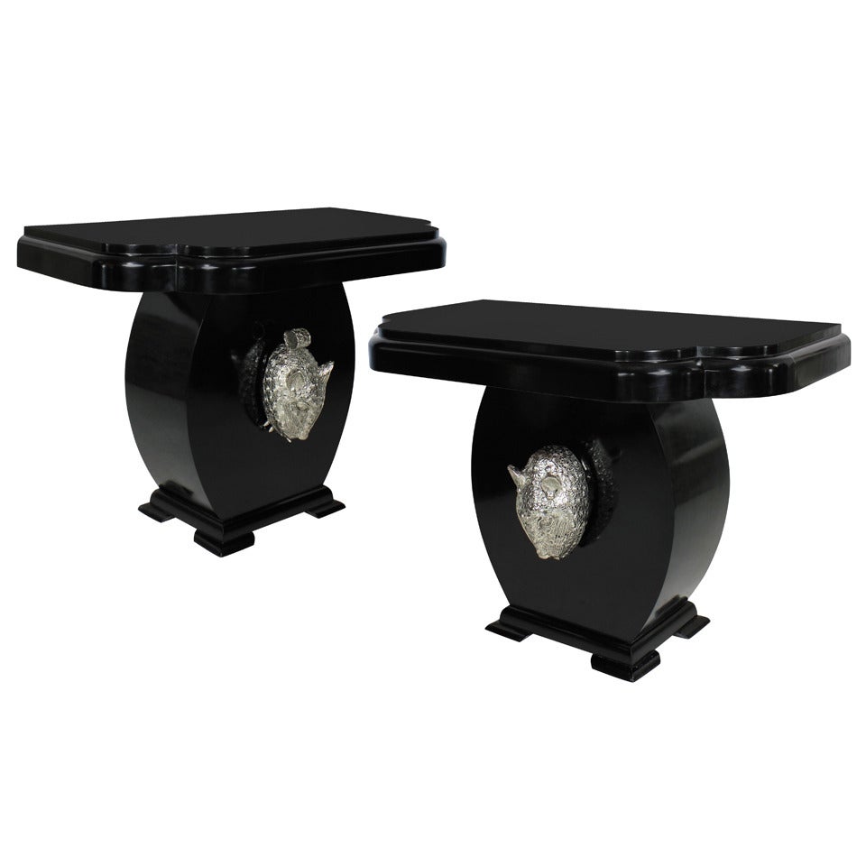 A Pair Of Large Black Lacquered Art Deco Consoles With Life Size Silver Leopard Heads