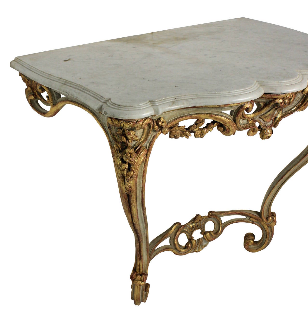 A French Carved, Painted and Gilded Serpentine Console