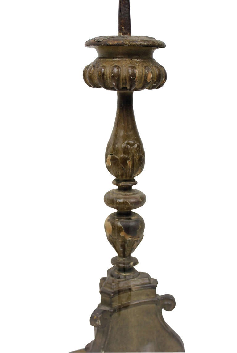A French mid 18th Century carved and painted Altar stick within a 19th Century glass dome.