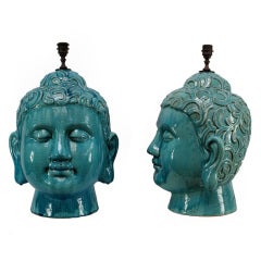 Pair Of Large French Turquoise Glazed Buddha Head Lamps