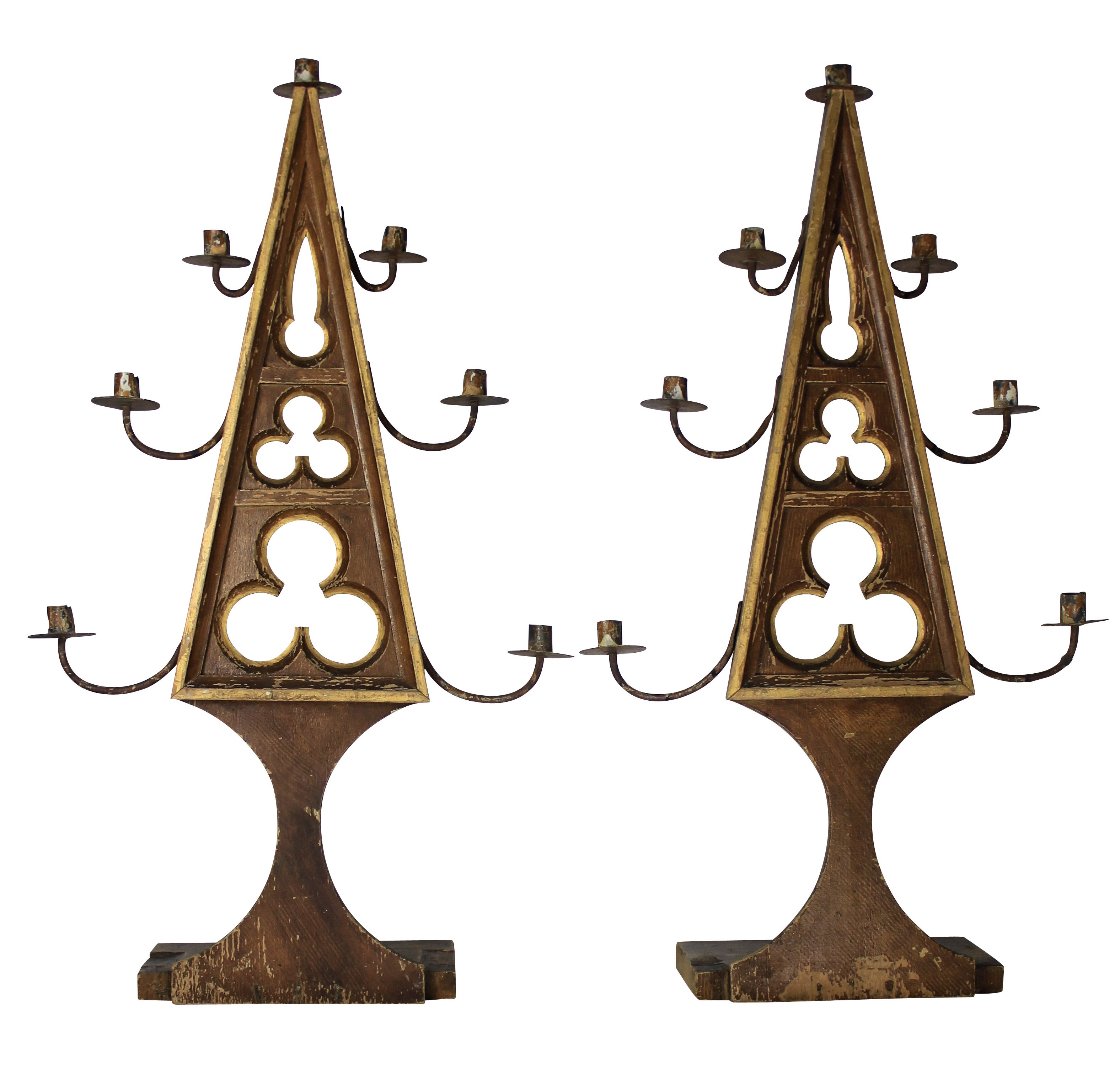 A Pair of Flemish Painted Pine Pricket Sticks in the Gothic Manner