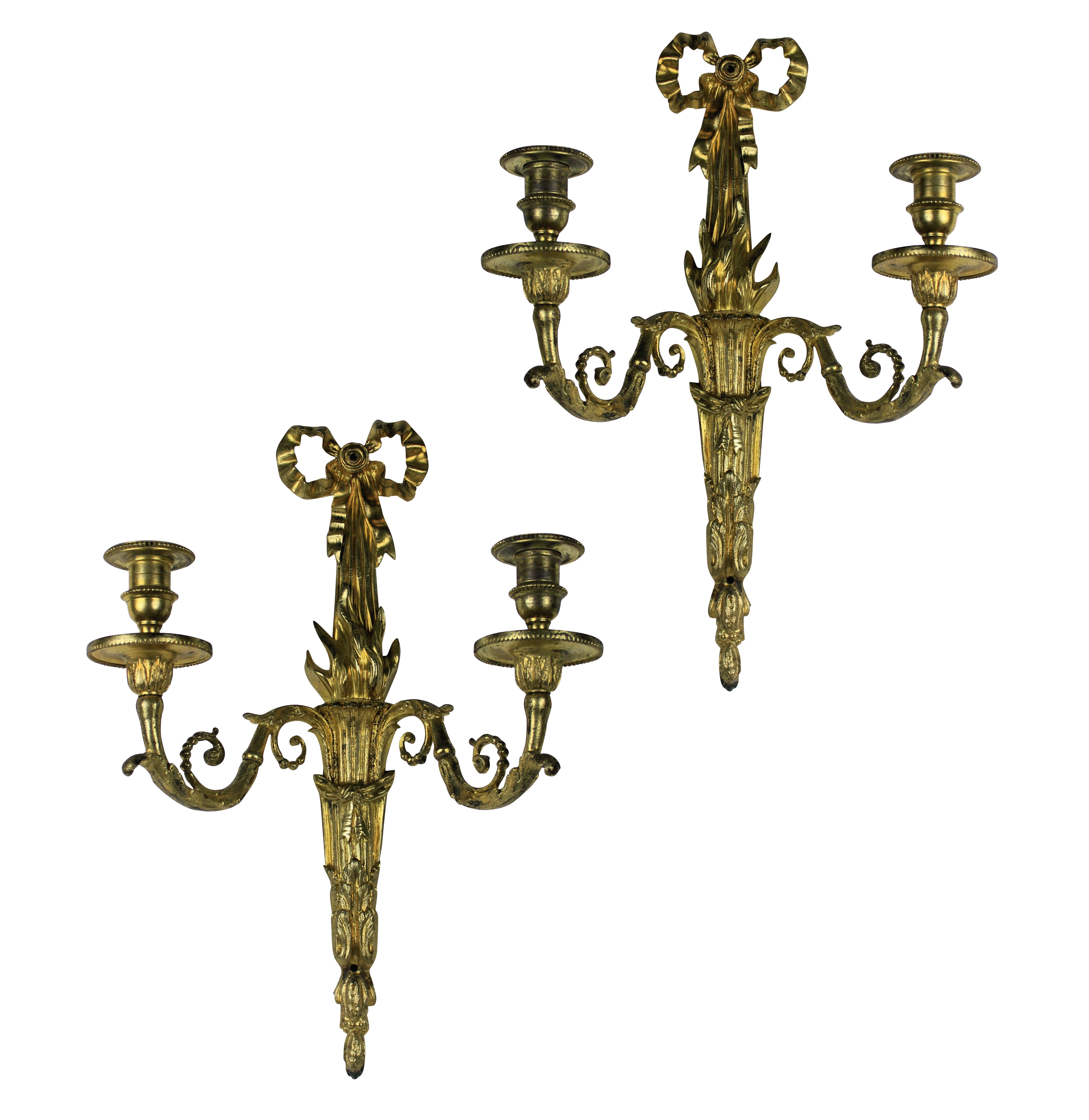 Pair of French Gilt Bronze, Twin Branch Wall Lights