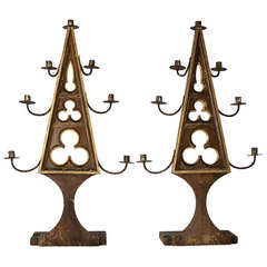 A Pair of Flemish Painted Pine Pricket Sticks in the Gothic Manner