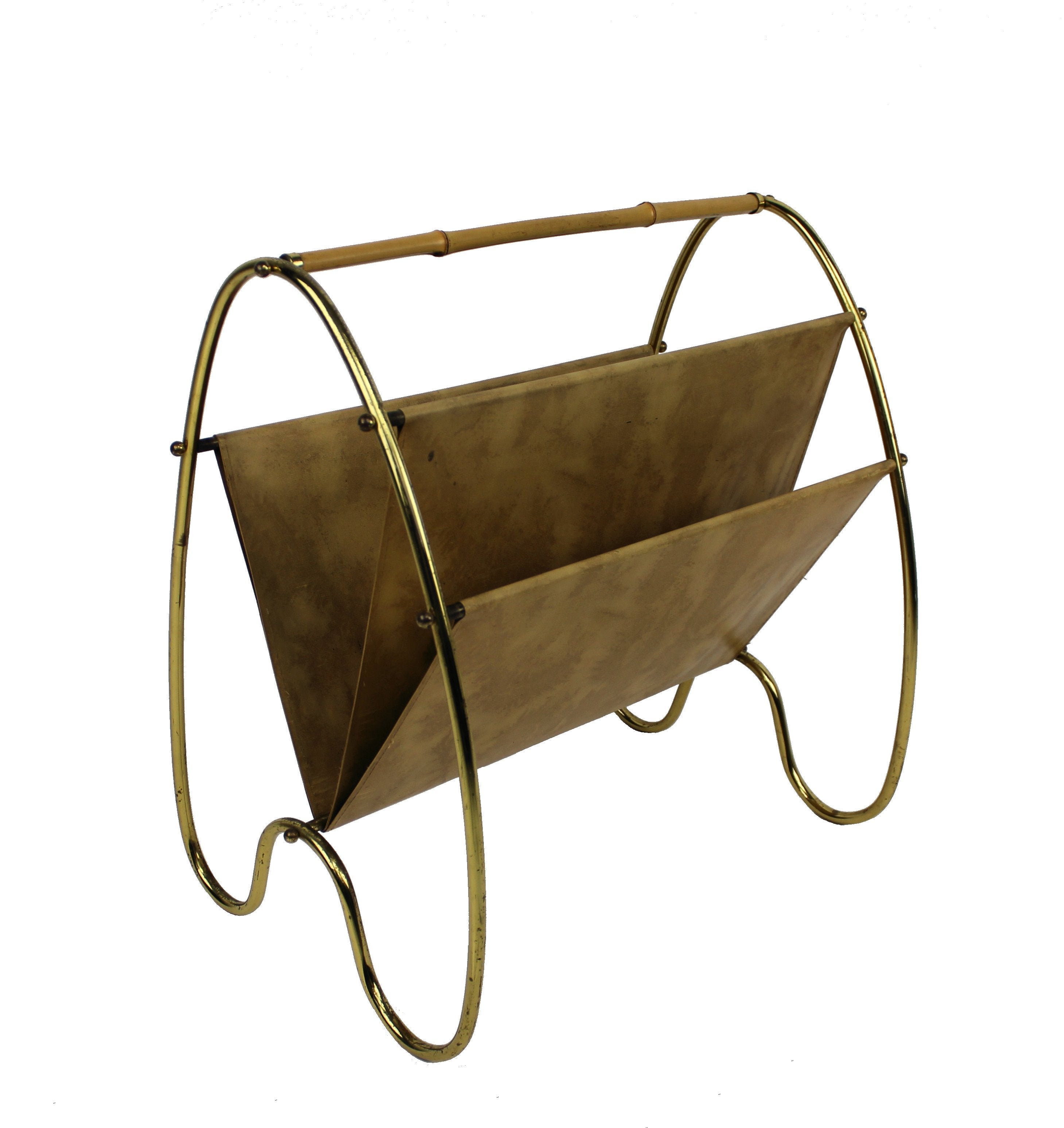 A French 50's Magazine Rack In Brass, Cane & Leather