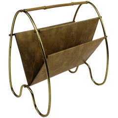 Vintage A French 50's Magazine Rack In Brass, Cane & Leather