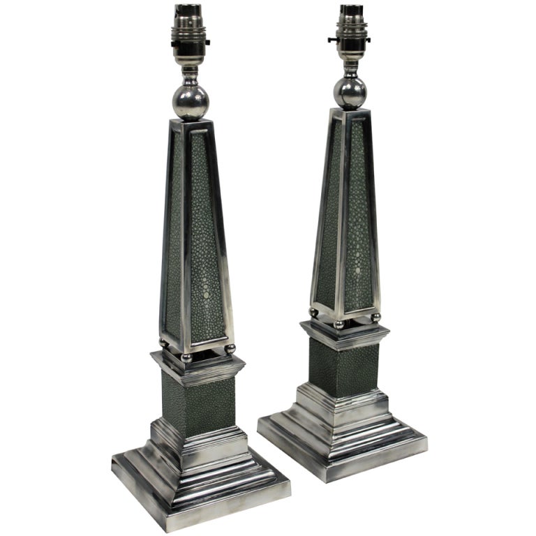 Pair of Shagreen and Silver Plated Obelisk Lamps