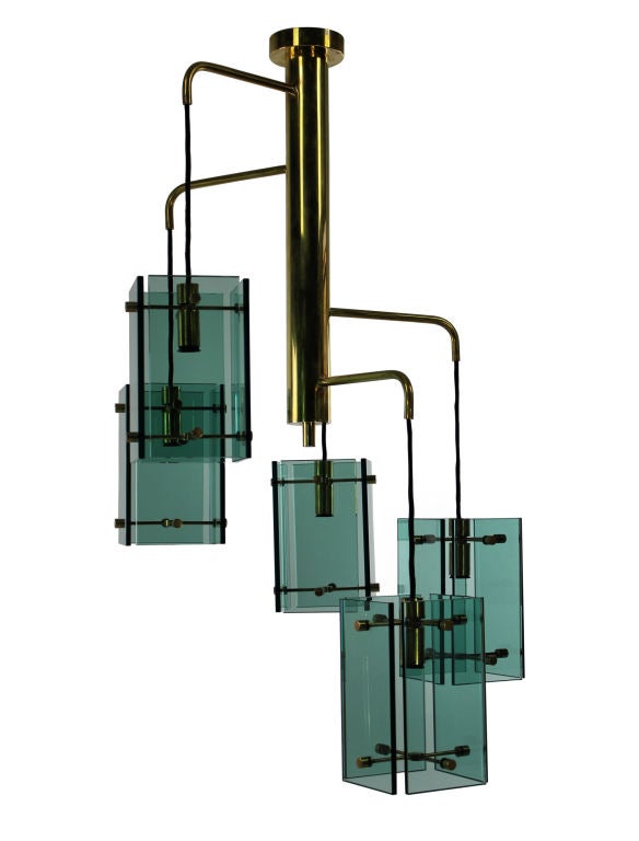 An Italian hanging light of good quality in brass with green glass panels in the style of Fontana Arte.