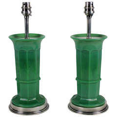 Pair of English Opaque Green Glass Lamps