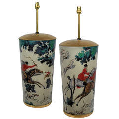 A Pair Of Large Hand Painted Hunting Scene Lamps