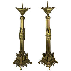 Pair of English Gothic Gilt Brass Pricket Sticks